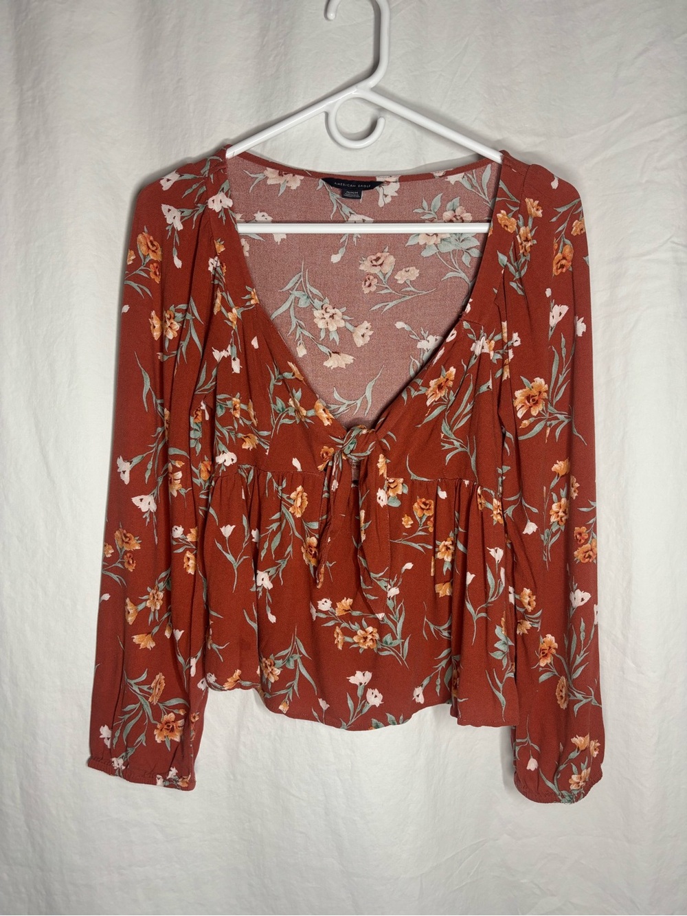 American Eagle Outfitters Rust Floral Tie-Front Long Sleeve Top